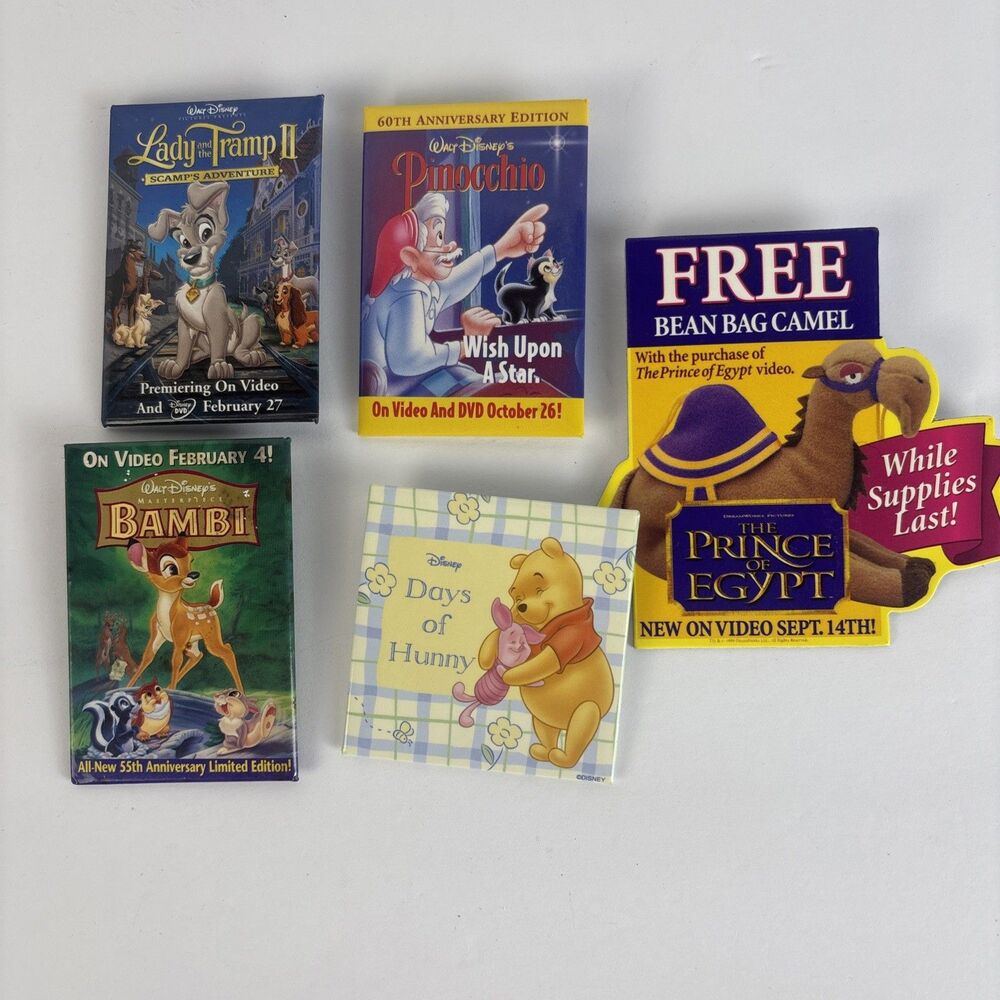 5 Promotion Pin Lot Disney Pinocchio Bambi Lady Tramp Prince of Egypt Pooh
